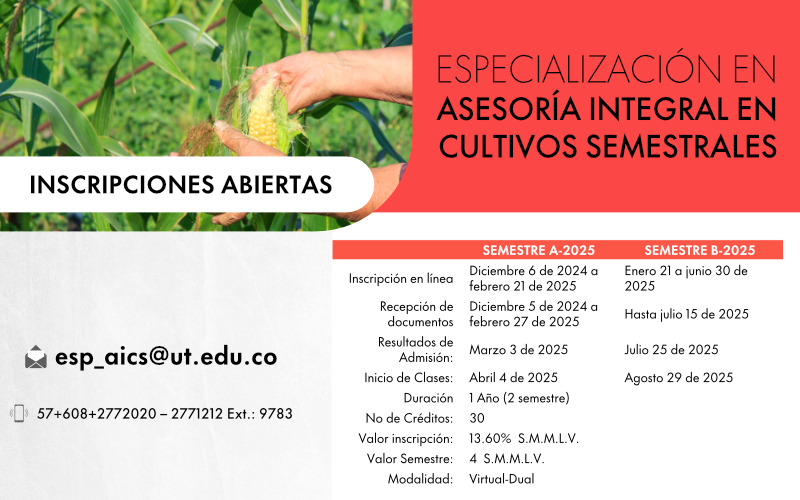 Inscripciones abiertas Especialización en Asesoría Integral en Cultivos Semestrales